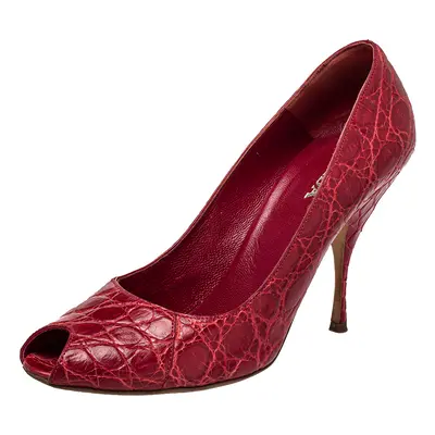 Prada Red Embossed Leather Peep Toe Pumps Size