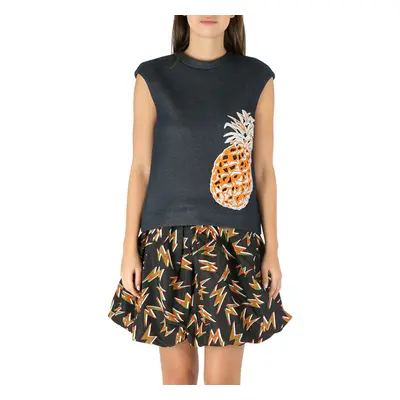 MSGM Indigo Blue Cotton Knit Pineapple Applique Sleeveless Sweatshirt