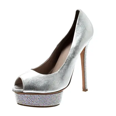 Le Silla Metallic Silver Leather Crystal Embellished Platform Peep Toe Pumps Size