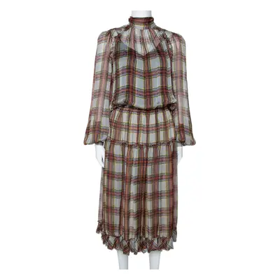 D&G Grey Plaid Print Silk Ruffled Midi Dress