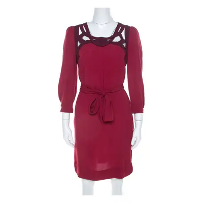 Diane von Furstenberg Burgundy Crepe Cut Out Neck Detail Belted Jadey Dress