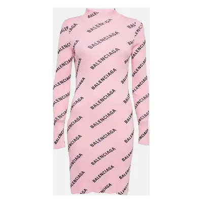 Balenciaga Pink Logo Print Rib Knit Bodycon Dress