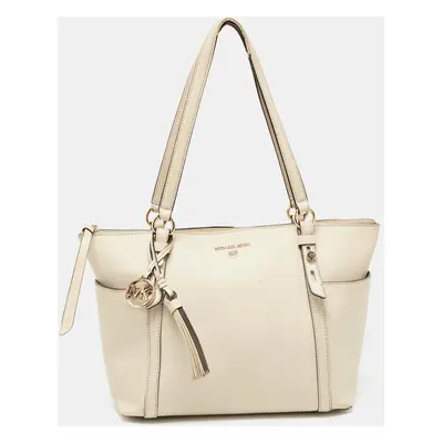 Michael Kors Light Beige Leather Medium Top Zip Jet Set Tote