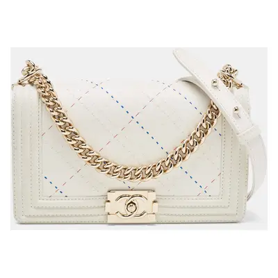 Chanel White Stitch Quilted Leather Medium Boy Flap Bag