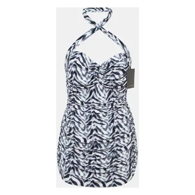 Norma Kamali White/Blue Chevron Zebra Print Jersey Halter Slinky Marissa Swimsuit