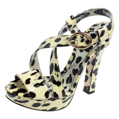 Dolce & Gabbana Yellow/Black Animal Print Patent Leather Cross Strap Platform Sandals Size 38.5