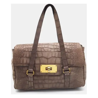 Emporio Armani Khaki Beige Croc Embossed Leather Satchel