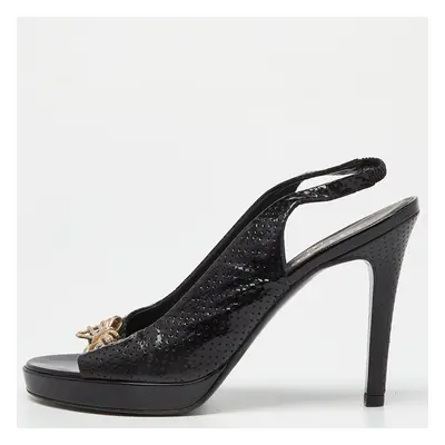 Chanel Black Perforated Patent Leather Open Toe Slingback Sandals Size