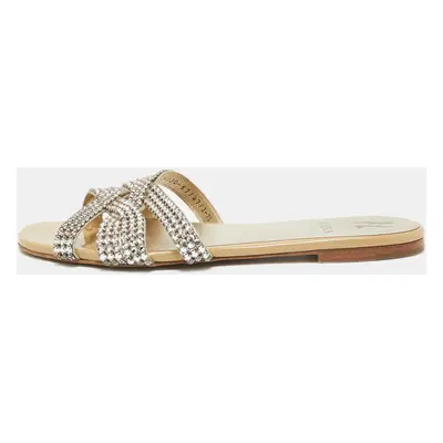 Gina Beige/Silver Crystal Embellished Leather Flat Slides Size 40.5