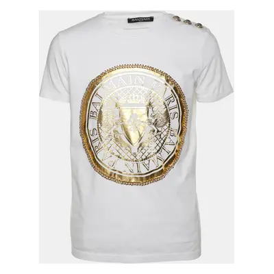 Balmain White Cotton Logo Print Chain Details T-Shirt