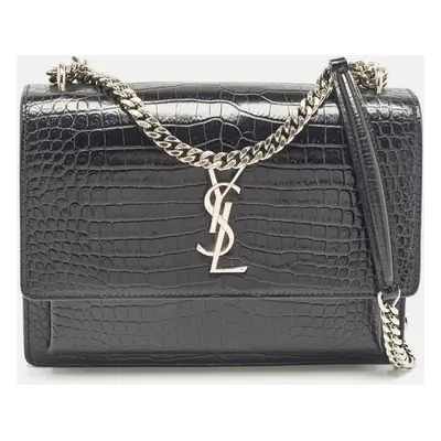 Saint Laurent Black Croc Embossed Leather Sunset Shoulder Bag