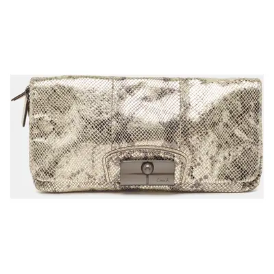 Coach Metallic Silver/Black Python Embossed Leather Flap Clutch