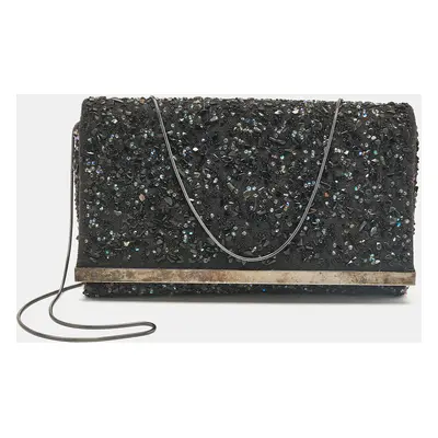 CH Carolina Herrera Black Fabric Beads Embellished Fabric Chain Clutch