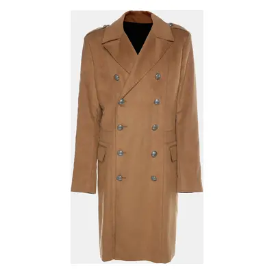 Balmain Beige Wool Blend Double Breasted Long Coat