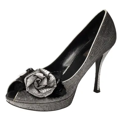 Louis Vuitton Silver Lurex Fabric Floral Peep Toe Pumps Size