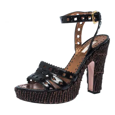 Prada Black Patent Leather Raffia Platform Ankle Strap Sandals Size 39.5