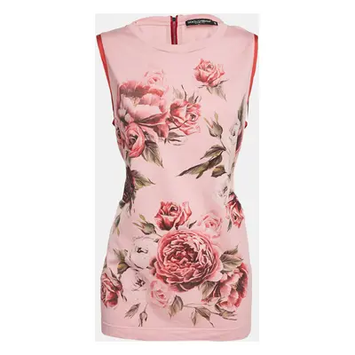 Dolce & Gabbana Pink Floral Print Jersey Sequin Embellished Sleeveless T-Shirt