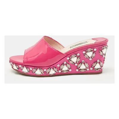 Prada Pink Patent Leather Embellished Wedge Sandals Size