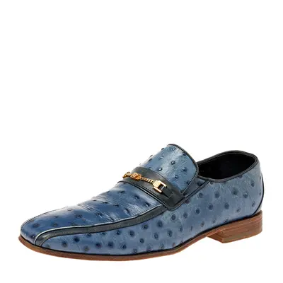 Versace Blue Ostrich Leather Medusa Chain Detail Loafers Size