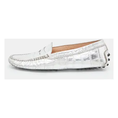 Tod's Silver Croc Embossed Leather Loafers Size 35.5