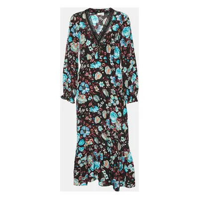 Sandro Black Floral Printed Silk Midi Dress