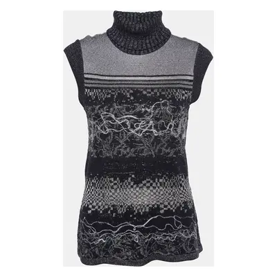 Kenzo Black Intarsia Lurex Knit Sleeveless Turtleneck Sweater