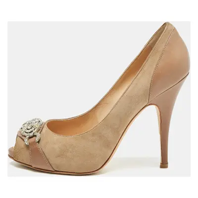 Giuseppe Zanotti Beige/Brown Leather and Suede Peep Toe Pumps Size