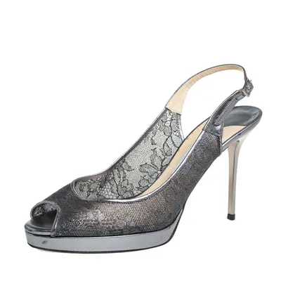 Jimmy Choo Metallic Silver Lace And Leather Nova Sandals Size