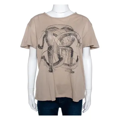 Roberto Cavalli Brown Logo Print Cotton Pique T-Shirt