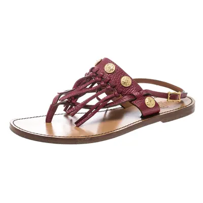 Valentino Maroon Leather Fringed Coin Detail Thong Sandals Size 37.5