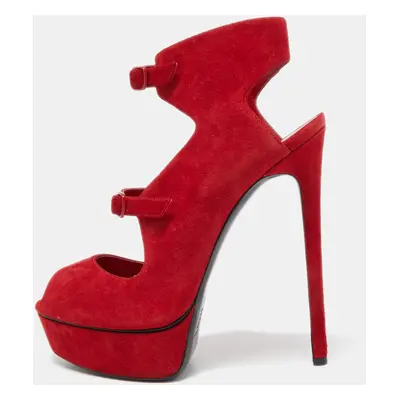 Casadei Red Suede Buckle Detail Platform Peep Toe Sandals Size