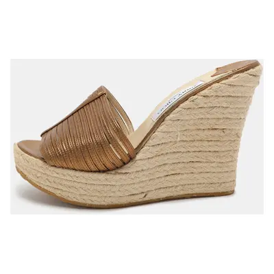 Jimmy Choo Gold Leather Wedge Espadrille Silde Sandals Size 40.5