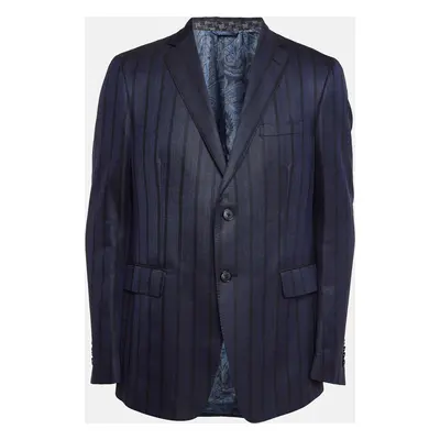 Etro Blue Striped Wool Blend Single Breasted Blazer