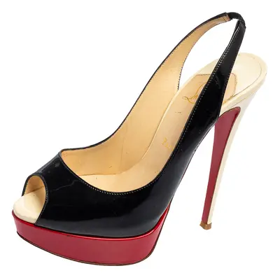 Christian Louboutin Black/Red Patent Leather Slingback Lady Peep Toe Sandals Size 38.5