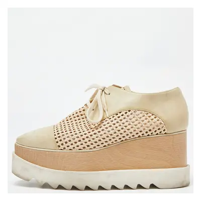 Stella McCartney Two Tone Beige Woven Faux Leather Elyse Platform Derby Sneakers Size