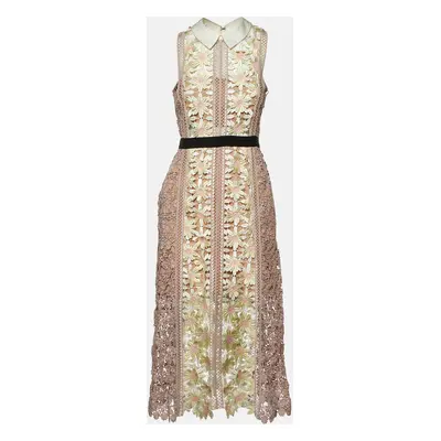 Self-Portrait Pink Floral Guipure Lace Paneled Midi Dress