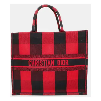 Dior Red/Black Canvas Book Tote Check Pattern Size Large