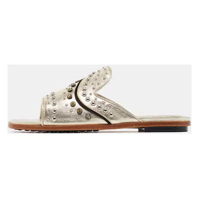 Tod's Metallic Gold Leather Studded Embellished Flat Slides Size 37.5