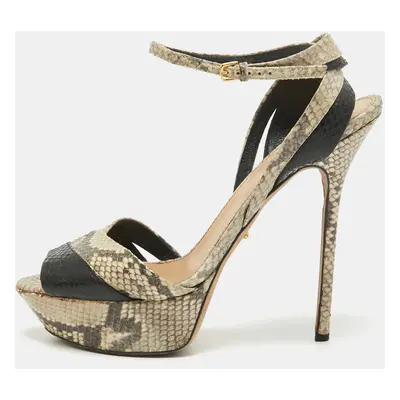 Sergio Rossi Grey Python Embossed Leather Ankle Strap Sandals Size