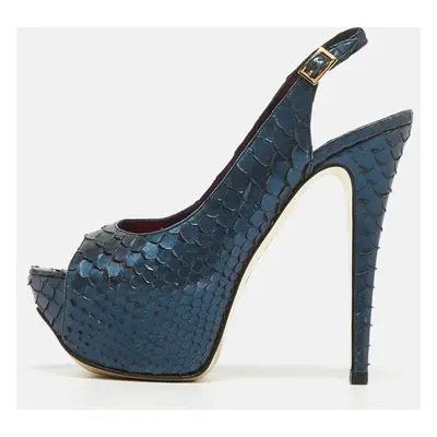 Gina Metallic Navy Blue Python Open Toe Platform Slingback Pumps Size 37.5