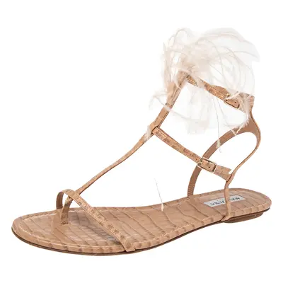 Aquazzura Beige Snake Embossed Leather Feather Trimmed T- Strap Sandals Size