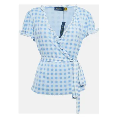 Polo Ralph Lauren Blue Checks Print Jersey Wrap-Around Ruffled Top