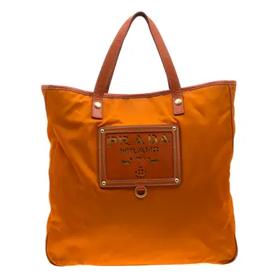 Prada Orange Nylon and Leather Lasercut Logo Tote