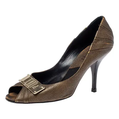 Dior Khaki Brown Leather Metal Detail Peep Toe Pumps Size 39.5