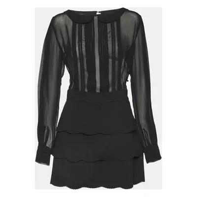 Elisabetta Franchi Black Crepe & Chiffon Tiered Long Sleeve Dress