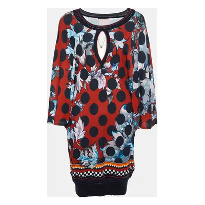 Roberto Cavalli Red Floral Printed Jersey & Knit Trim Mini Dress