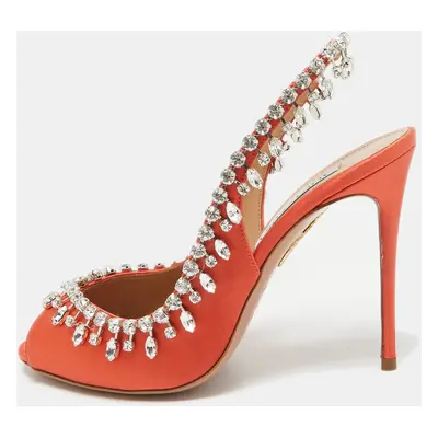 Aquazzura Orange Satin Crystal Embellished Temptation Peep Toe Pumps Size