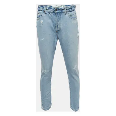 Off-White Light Blue Distressed Denim Buttoned Paperbag Waist Jeans Waist 30"