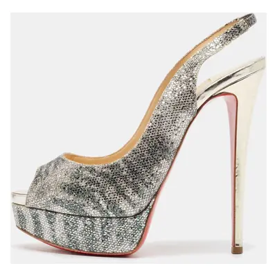 Christian Louboutin Silver Glitter Lady Peep Sling Pumps Size 38.5