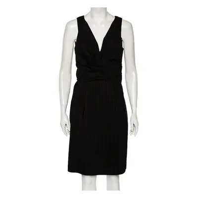 Gucci Black Striped Wool & Linen V-Neck Belted Dress